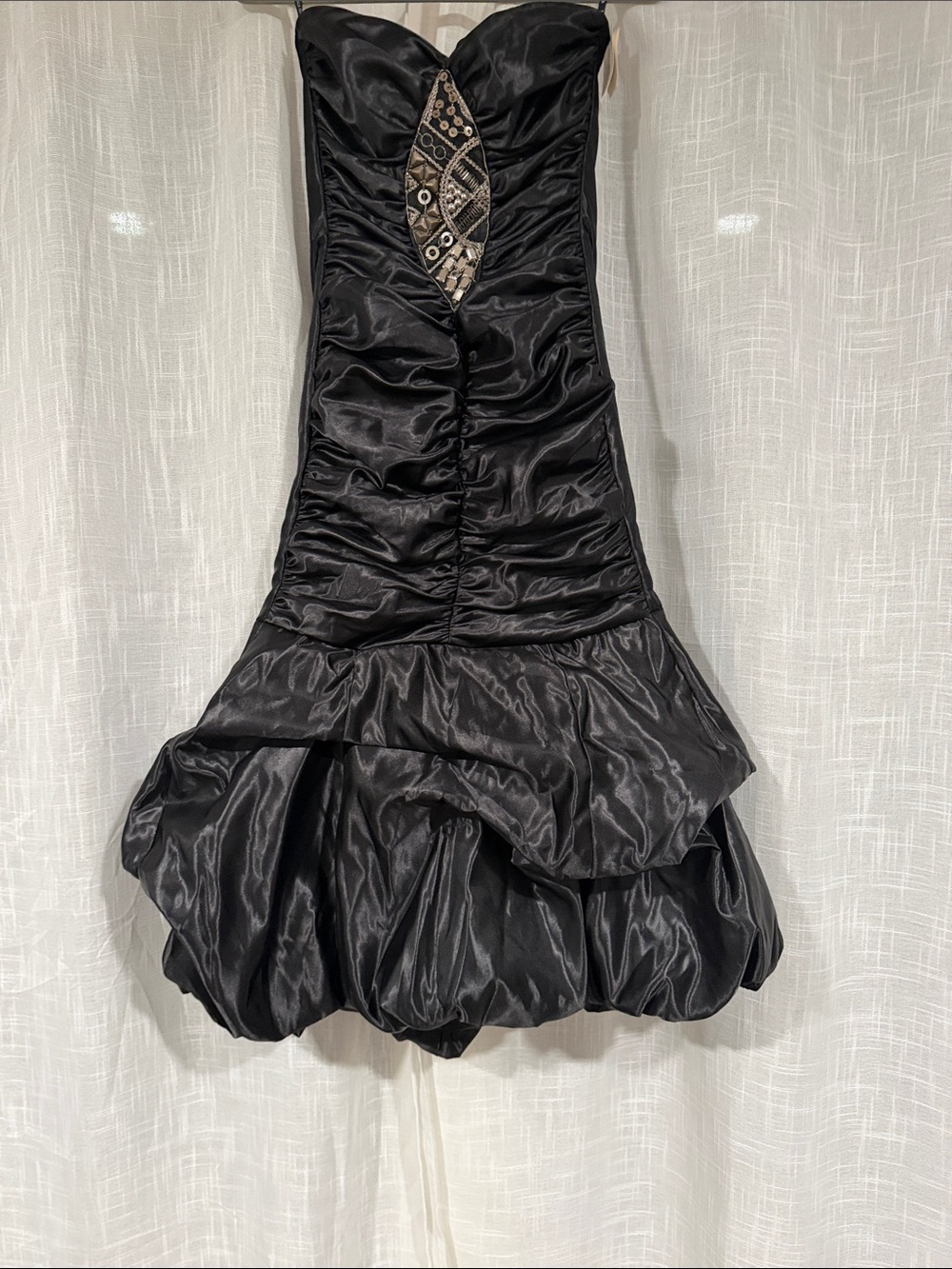 Jessica McClintock Black Strapless Bubble Hem Dress with Beaded Inset